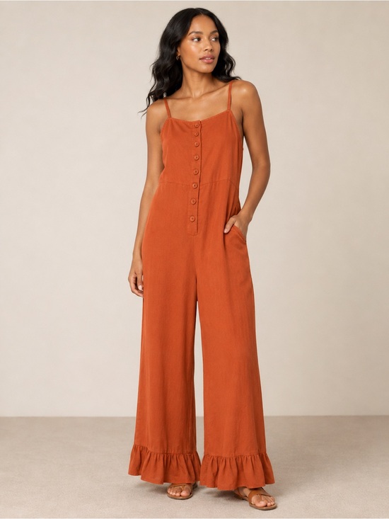 ASOS Pants - ASOS Rust Orange Spaghetti-Strap Button-Front Ruffle-Hem Jumpsuit